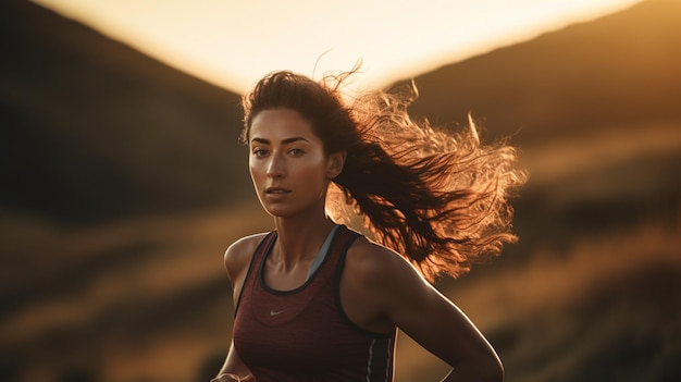 A young female athlete runs at sunset