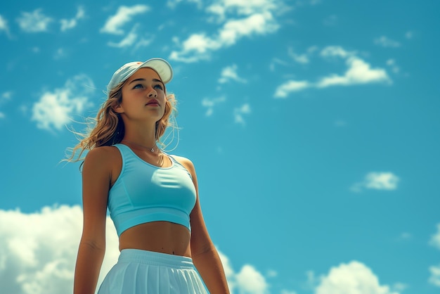 Photo young female athlete in sporty attire looking confidently at the sky on a bright sunny dayxa