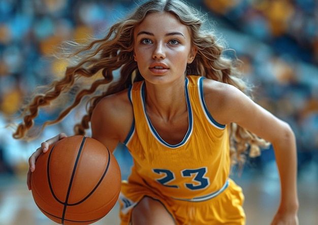 Young female basketball player in attack action on basketball game wearing yellow uniform