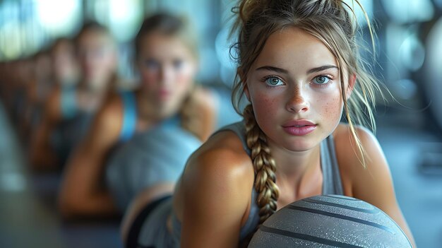 Photo young female casually doing russian twists medicine ball gym fitness class her core strength evident