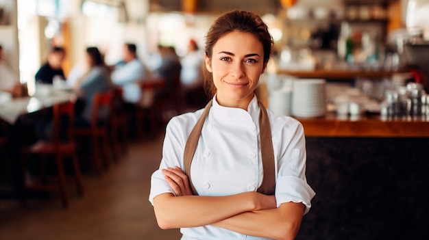 young female chef posing in the kitchen