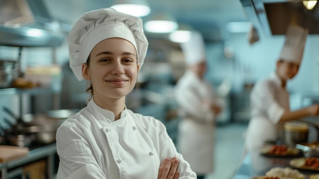 Photo a young female chef smiling