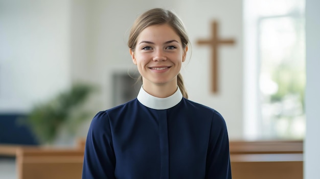 Photo young female christian minister in modern church setting religious leadership and spiritual guidance concept