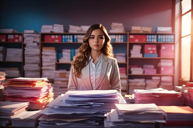 Young female clerk standing on desk behind large of documents ai generative