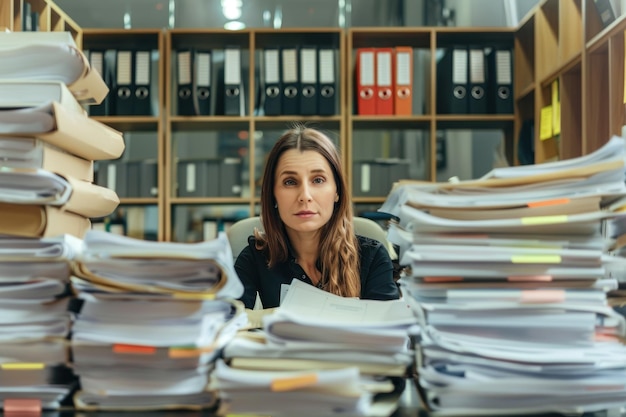 Young female clerk with large stacks of documents