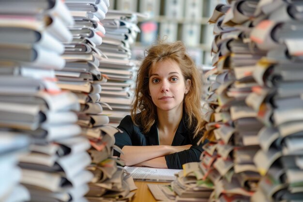 Young female clerk with large stacks of documents