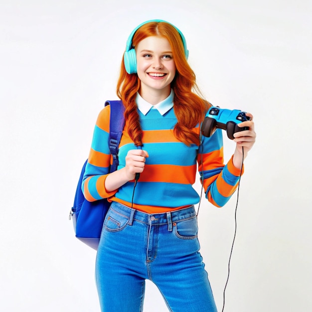 Photo a young female college student having fun while holding a gaming controller