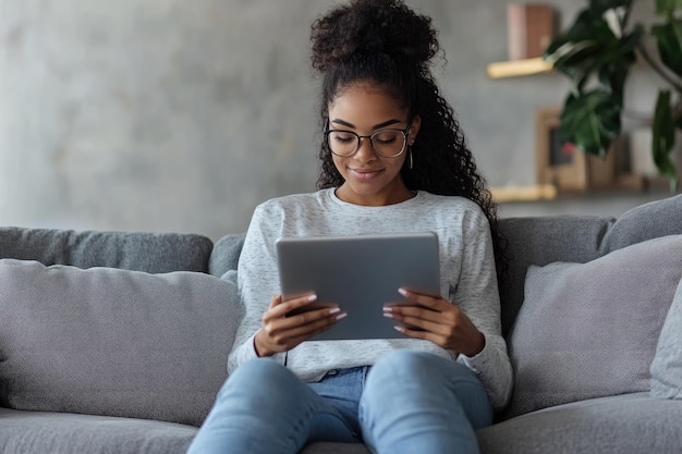 Young female college student having an online learning class at home using tablet and laptop on sofa