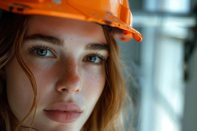 Young female construction worker engineer in helmet safety gear Professional woman architect