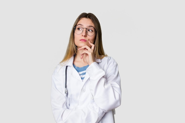 Young female doctor confidently gazing at the camera