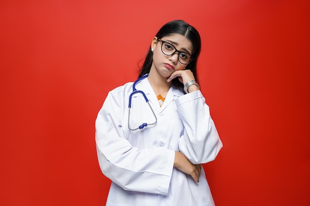 young female doctor confused and wearing glasses and coat on red background indian pakistani model