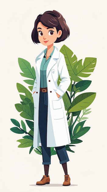 Photo young female doctor standing with hands on hips cartoon character vector illustration