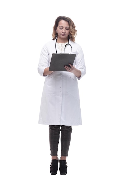 young female doctor with clipboard. isolated on a white background.