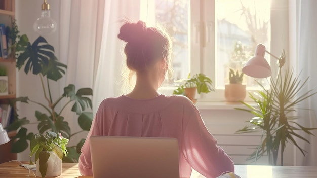 Young female entrepreneur working on laptop in sunny home office