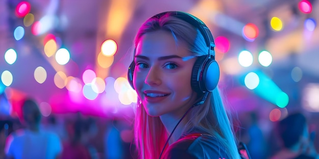 Young female event manager with headset at live concert colorful spotlights Concept Event planning Live concerts Stage management Female professionals Lighting design