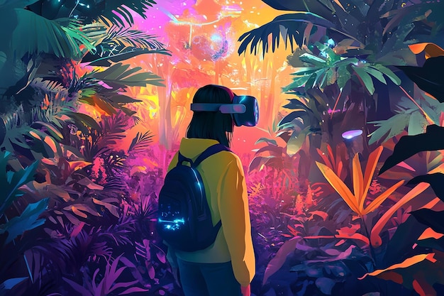 Photo a young female exploring a vibrant virtual jungle wearing a vr headset in a colorful immersive environment