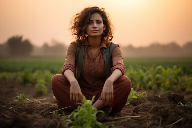 Young female farmer in corn field at sunset Agriculture concept