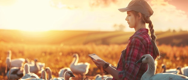 Young female farmer using digital tablet in a free range turkey farm at sunset