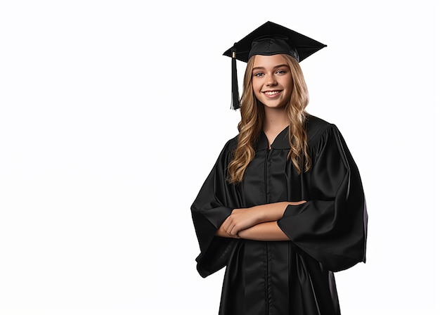 A young female graduate against the background of university graduates