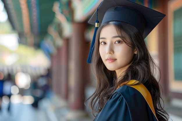 Young Female Graduate in Cap and Gown Standing Proudly at University Campus Celebrating Academic