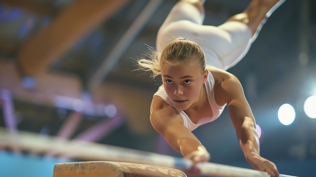 Young female gymnast performs a move on the uneven bars