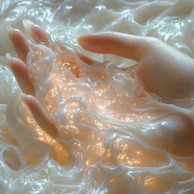 Photo a young female hand holding some nii white nail style in the style of translucent resin waves soft