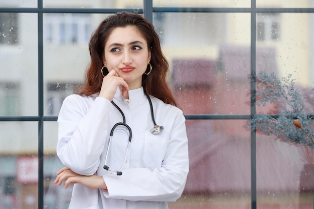 A young female health care worker put her hand to her chin and thinking High quality photo