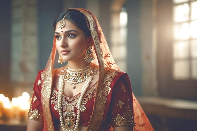 A young female of Indian ethnicity is wearing traditional bridal costumes and gorgeous jewellery