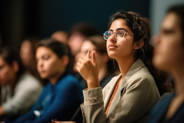 A young female lecturer and her students in a close up shot during a seminar or workshop Generative AI