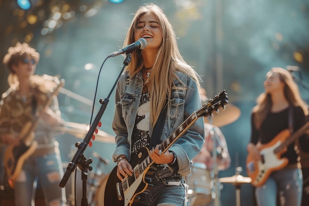 Young Female Musician Singing and Playing Guitar at Outdoor Concert