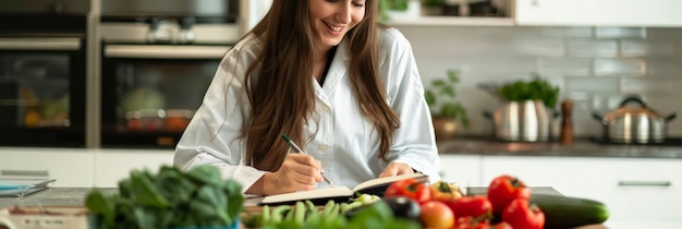 Photo young female nutritionist writing notes in a kitchen filled with various vegetables ideal for diet planning and nutrition consulting content