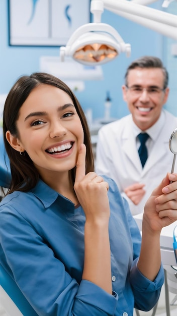 Young female patient with pretty smile examining dental inspection at dentist clinic