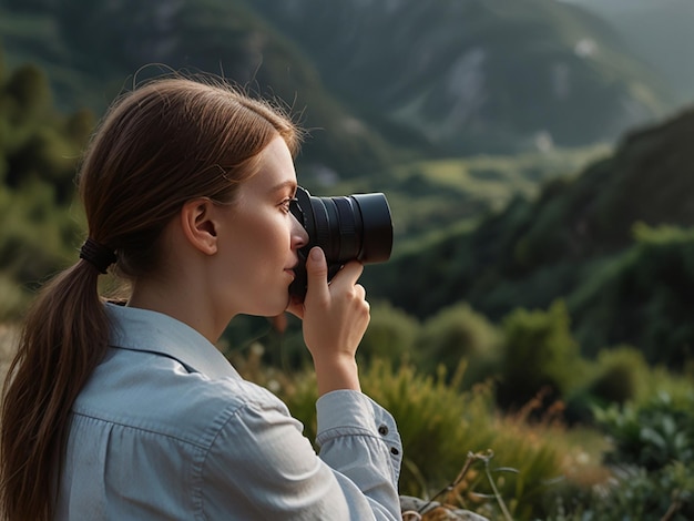 Photo a young female photographer taking a picture of the view created with generative ai