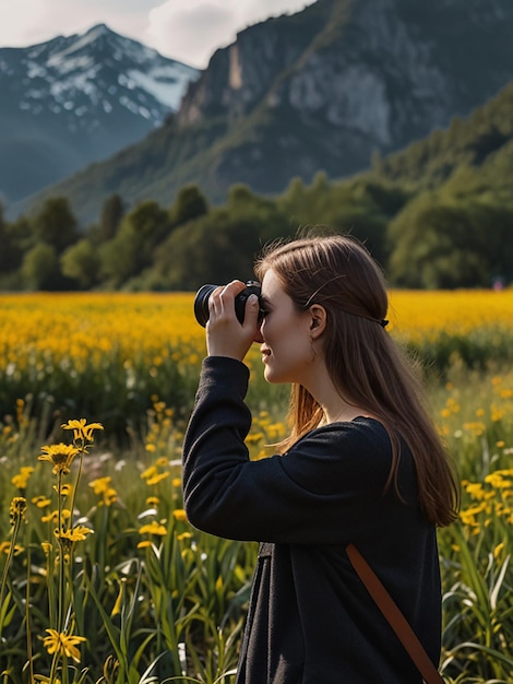 Photo a young female photographer taking a picture of the view created with generative ai