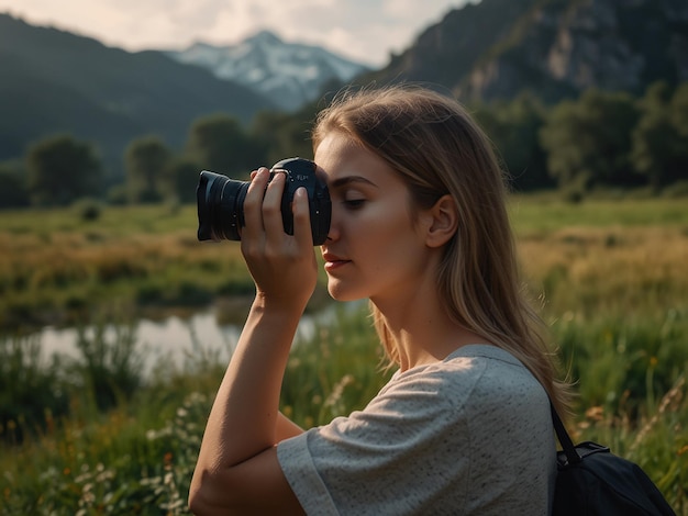 Photo a young female photographer taking a picture of the view created with generative ai