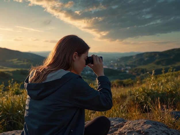 Photo a young female photographer taking a picture of the view created with generative ai