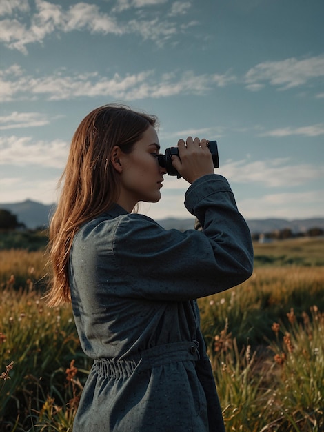 Photo a young female photographer taking a picture of the view created with generative ai