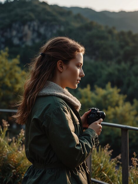 Photo a young female photographer taking a picture of the view created with generative ai