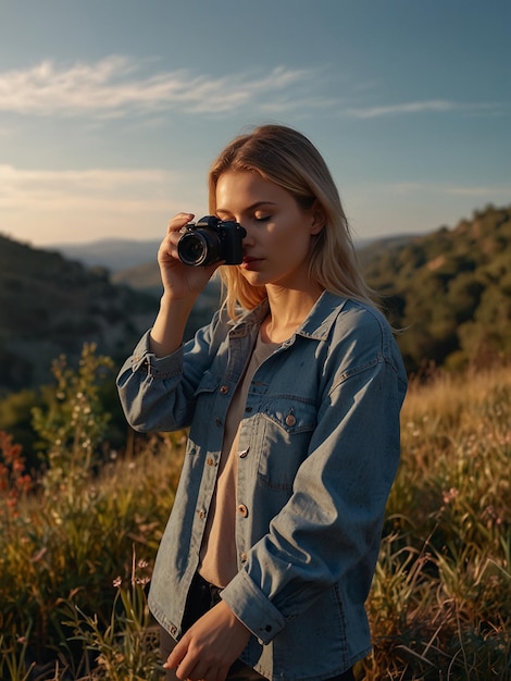 Photo a young female photographer taking a picture of the view created with generative ai