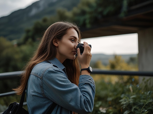 Photo a young female photographer taking a picture of the view created with generative ai