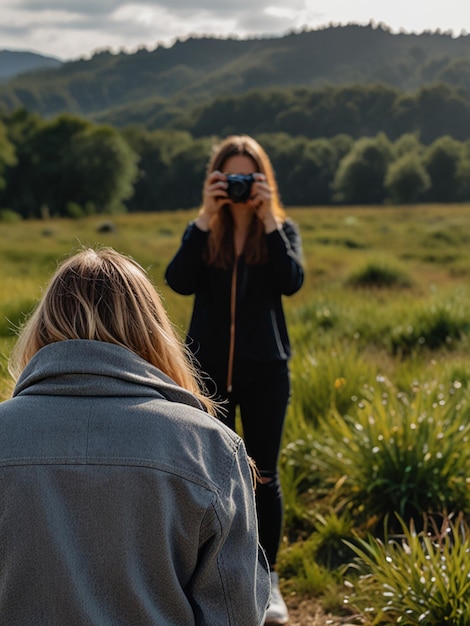 Photo a young female photographer taking a picture of the view created with generative ai