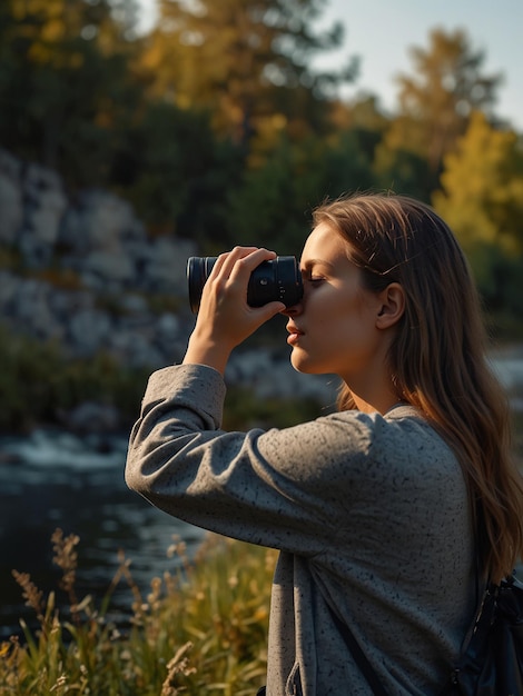 Photo a young female photographer taking a picture of the view created with generative ai