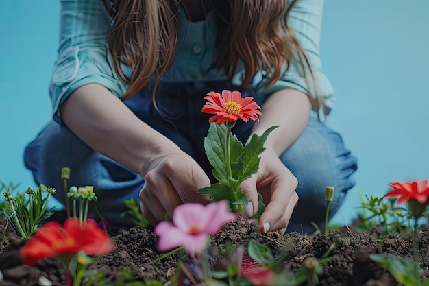 Young female planting flowers