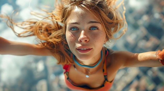 Young female practicing free running in a cityscape leaping over obstacles with agility and grace