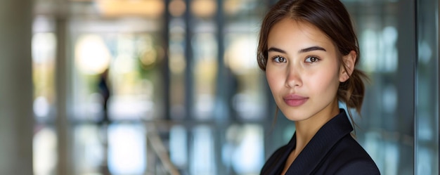 Photo young female professional in the lobby of a contemporary office building