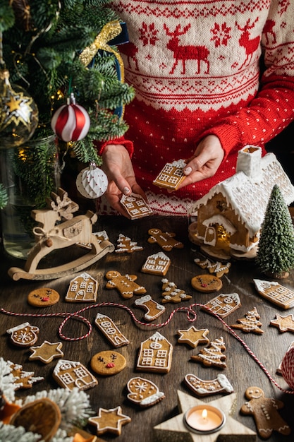 Young female in reindeer sweater holding christmas gingerbread cookies