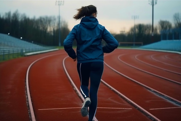 A young female runner running on the track of the stadium Generative AI illustration