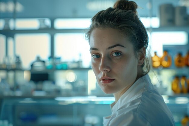 Photo young female scientist posing in modern laboratory