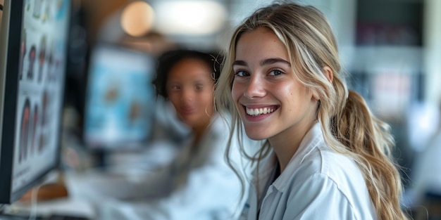 Young female scientist smiling in a laboratory with colleagues working in the background