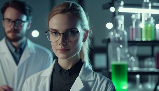 Young female scientist with a smile standing with a technician in a modern laboratory conducting medical research Generative AI